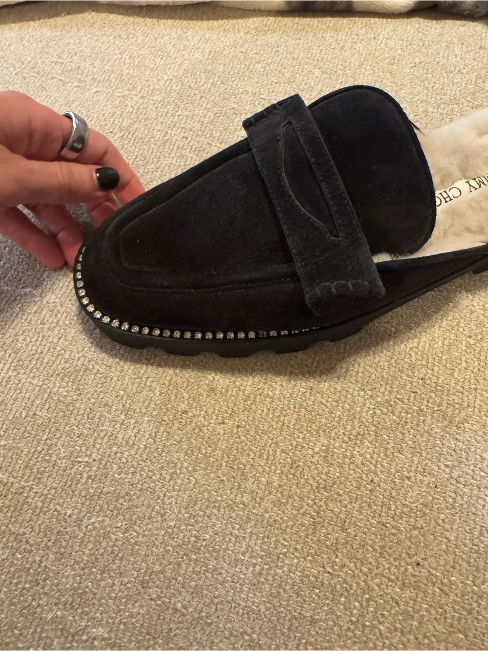Jimmy Choo Black Suede Fur-Lined Loafer Mules with Crystal Trim - Picture 9 of 9